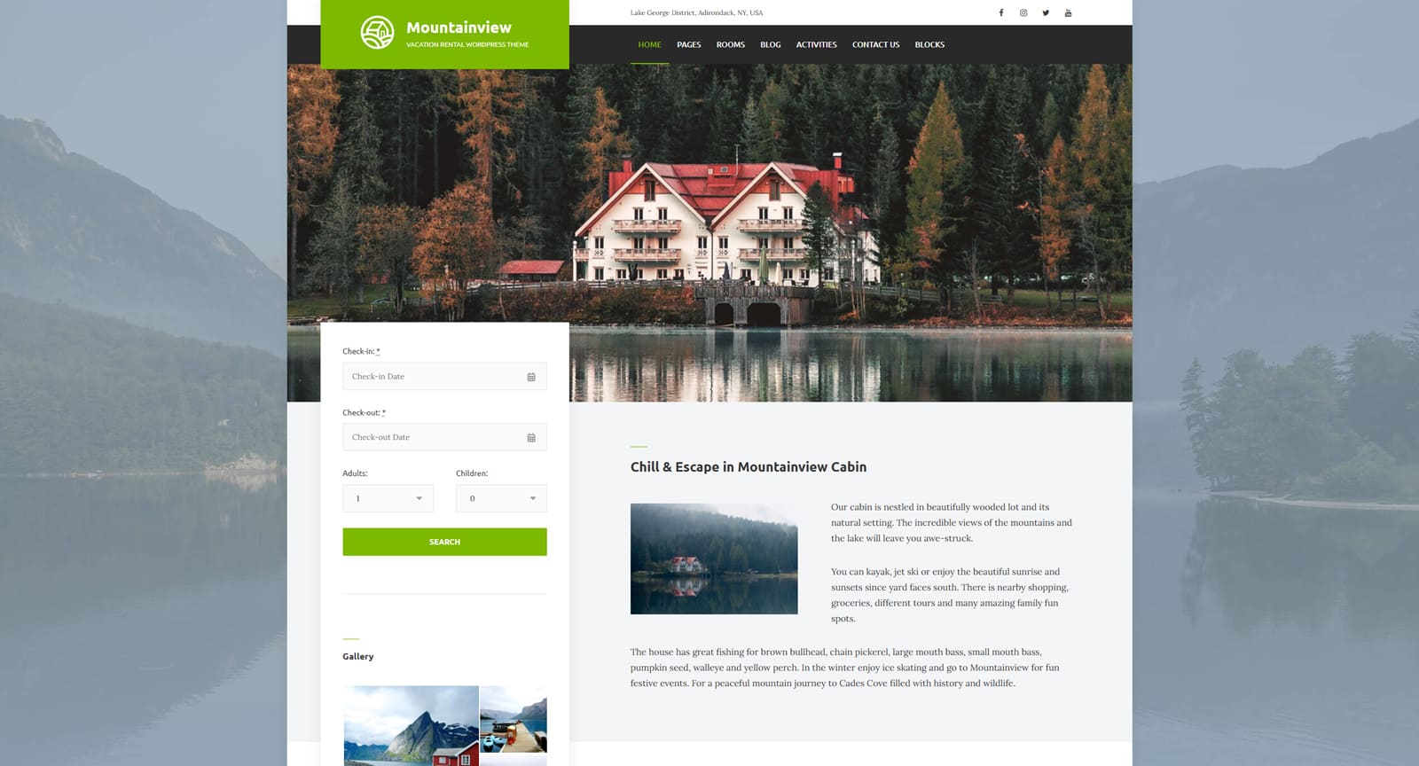 Graphic of Mountainview, one of the hotel booking WordPress themes with weekly and monthly rental rates.