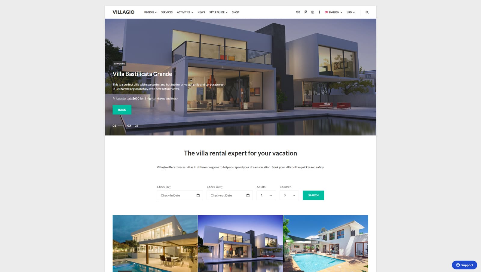 Graphic of Villagio, a flexible property management WordPress theme with boxed and wide layouts.