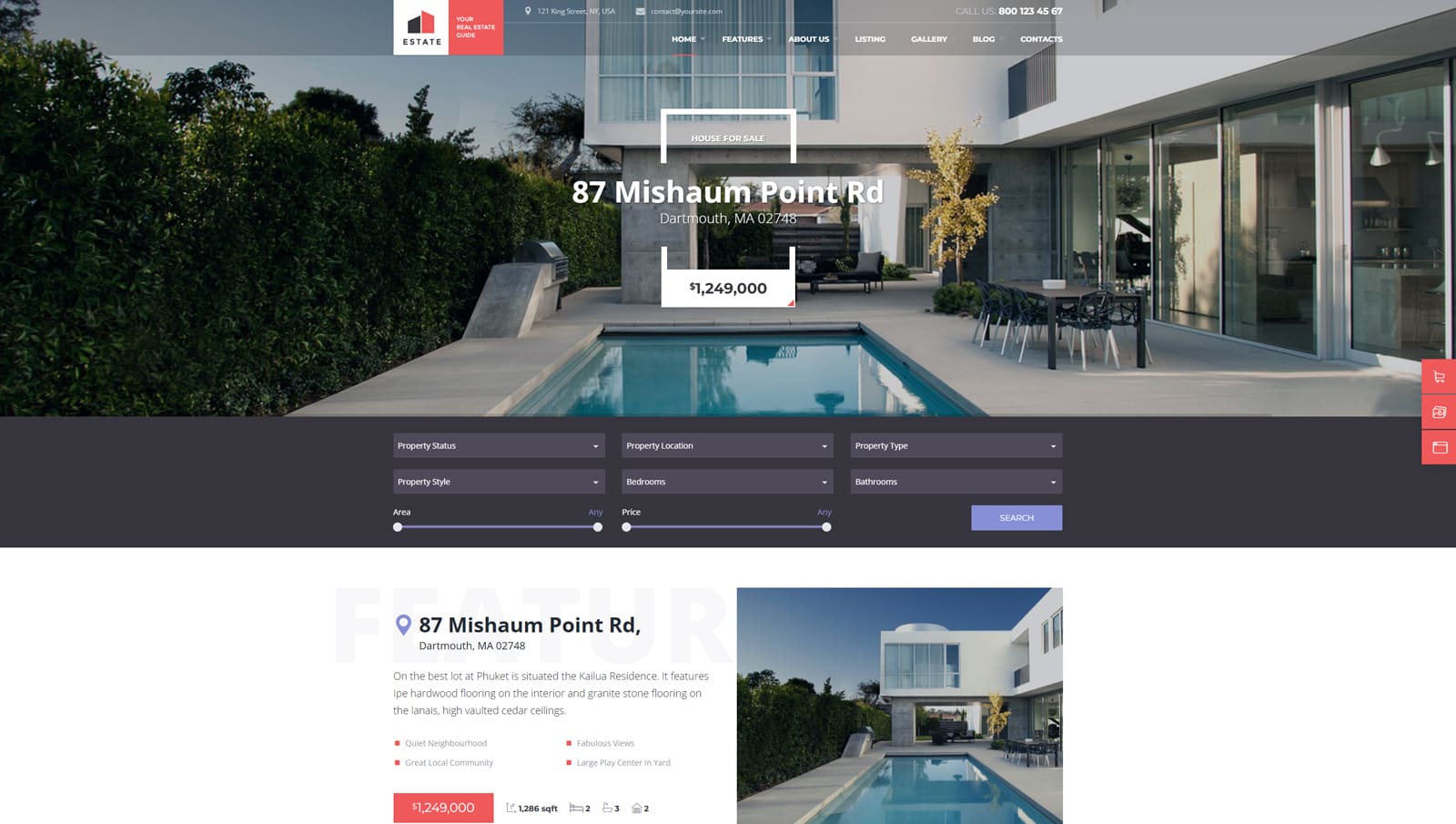 Visual of Estate, a real-estate-oriented WordPress theme with sticky menus for easier navigation.