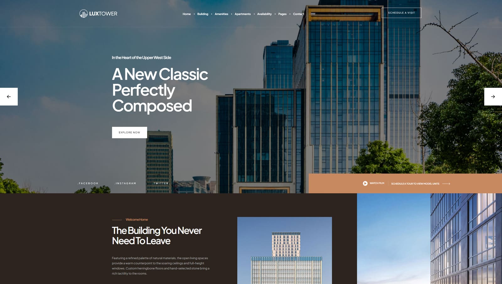Illustration of Luxtower, one of the hotel booking WordPress themes with apartment and amenity pages.