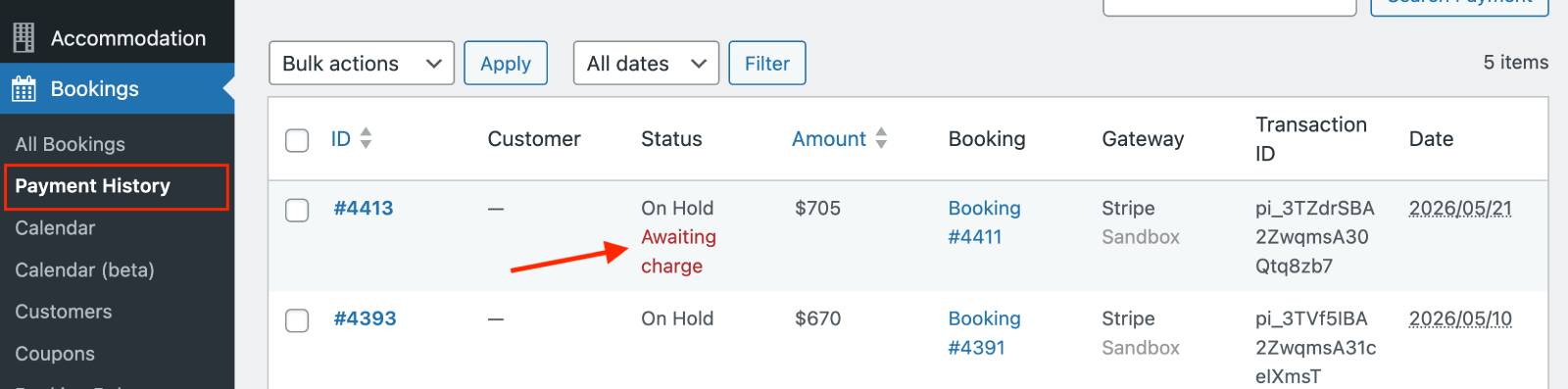Stripe's auth and capture in WordPress Hotel Booking.