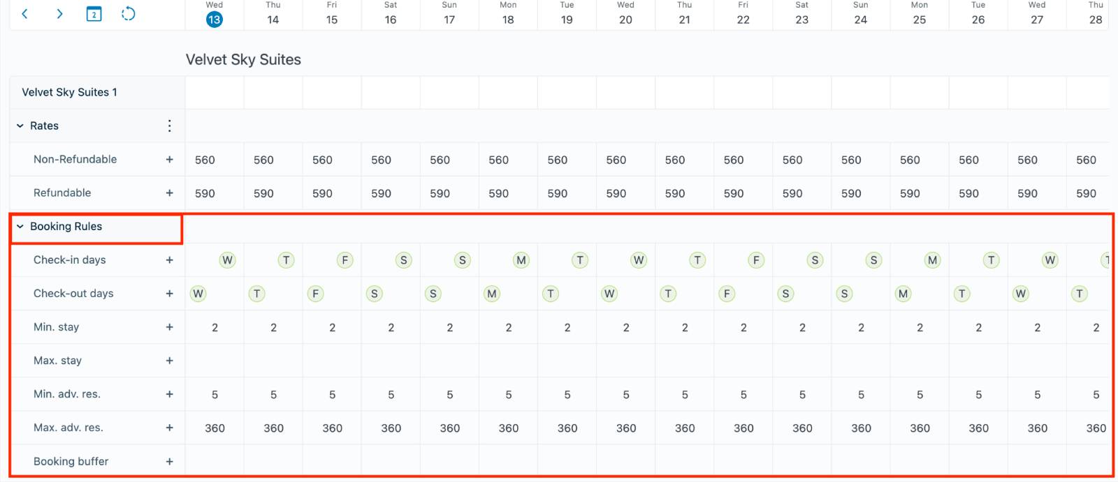 Booking rules in the MotoPress Hotel Booking visual calendar.