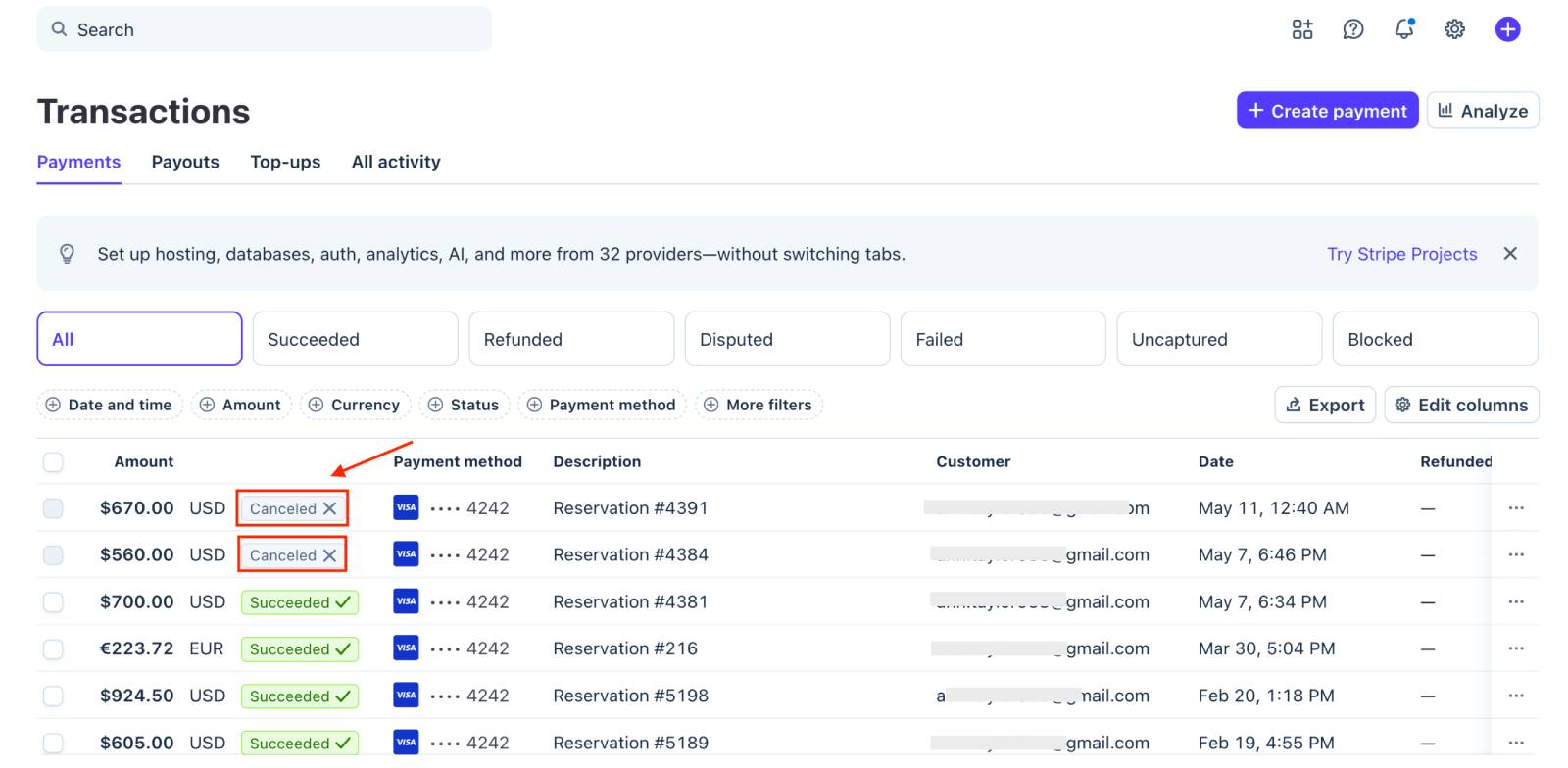 Canceled transactions in Stripe.