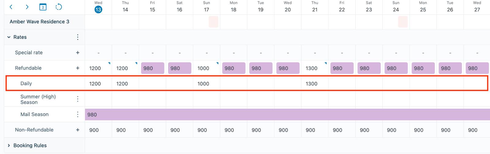 Daily price row in the calendar.