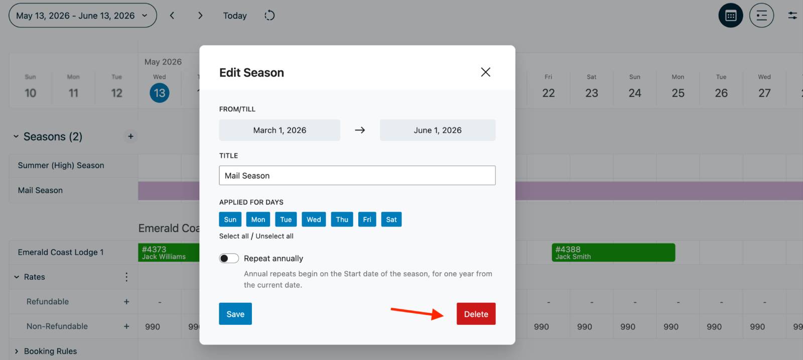 Deleting a season in MotoPress calendar.