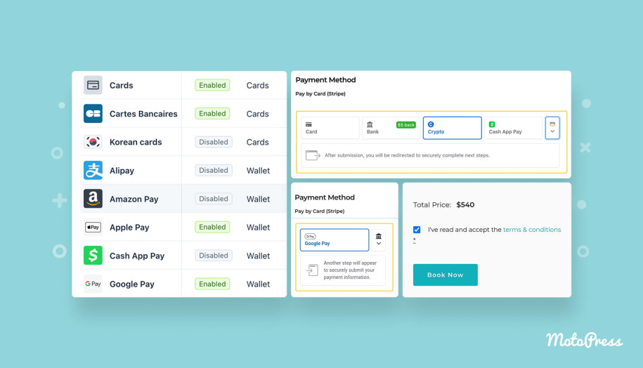Featured image for the Stripe payments in the Hotel Booking plugin.