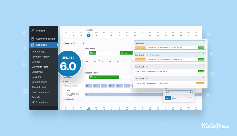 The illustration of the main features of the MotoPress Hotel Booking 6.0.