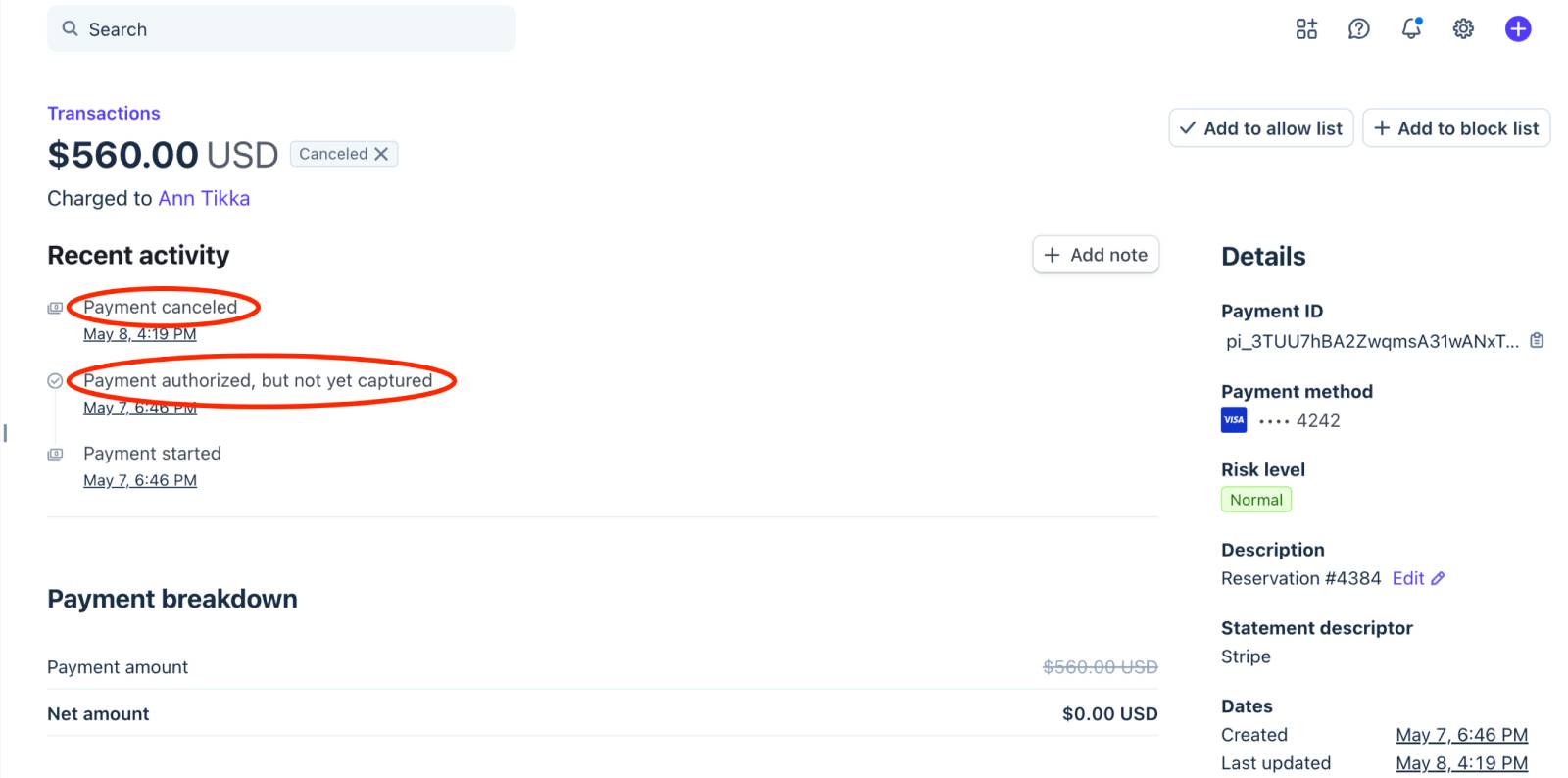 Payment history of a non captured payment in Stripe.