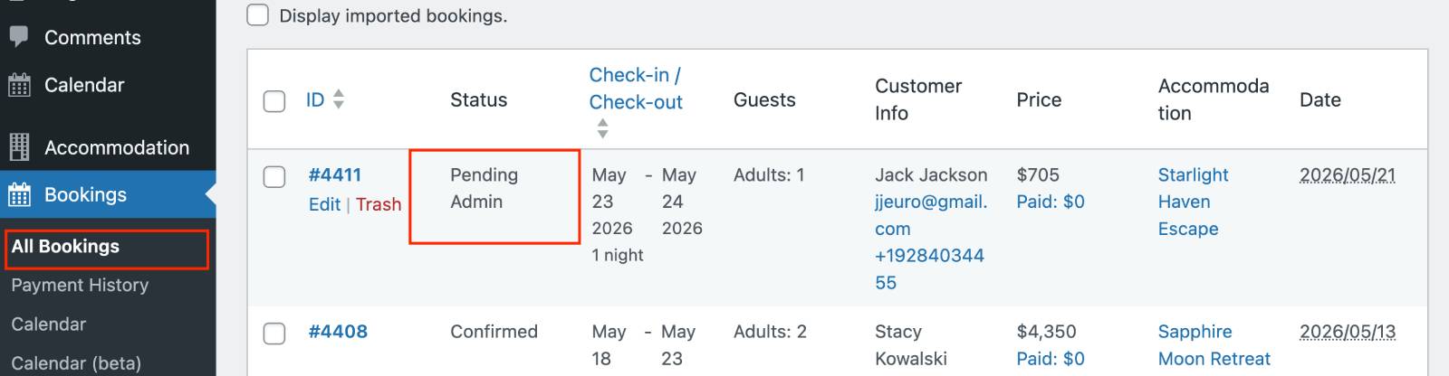 Pending admin status for stripe auth and capture.