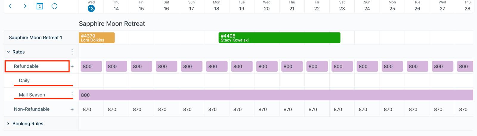 Prices per rate in Hotel Booking plugin.