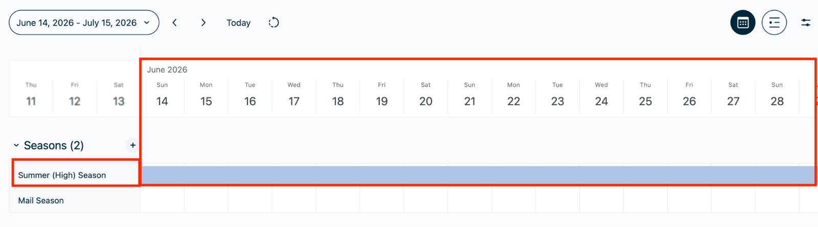 Timeline for a season in MotoPress Hotel Booking.