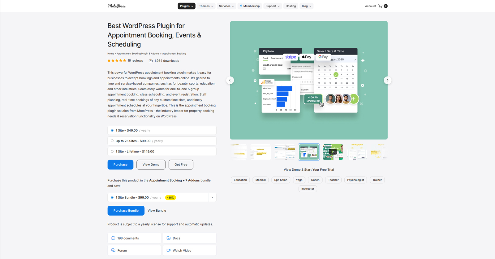 Graphic of MotoPress Appointment Booking, a flexible booking tool for service-based businesses with customer and employee accounts.