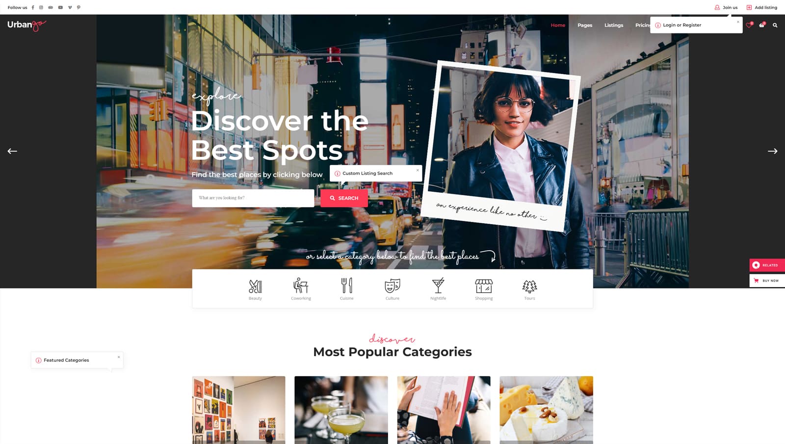 Graphic of UrbanGo, a WordPress theme for city guide websites with customizable lists.
