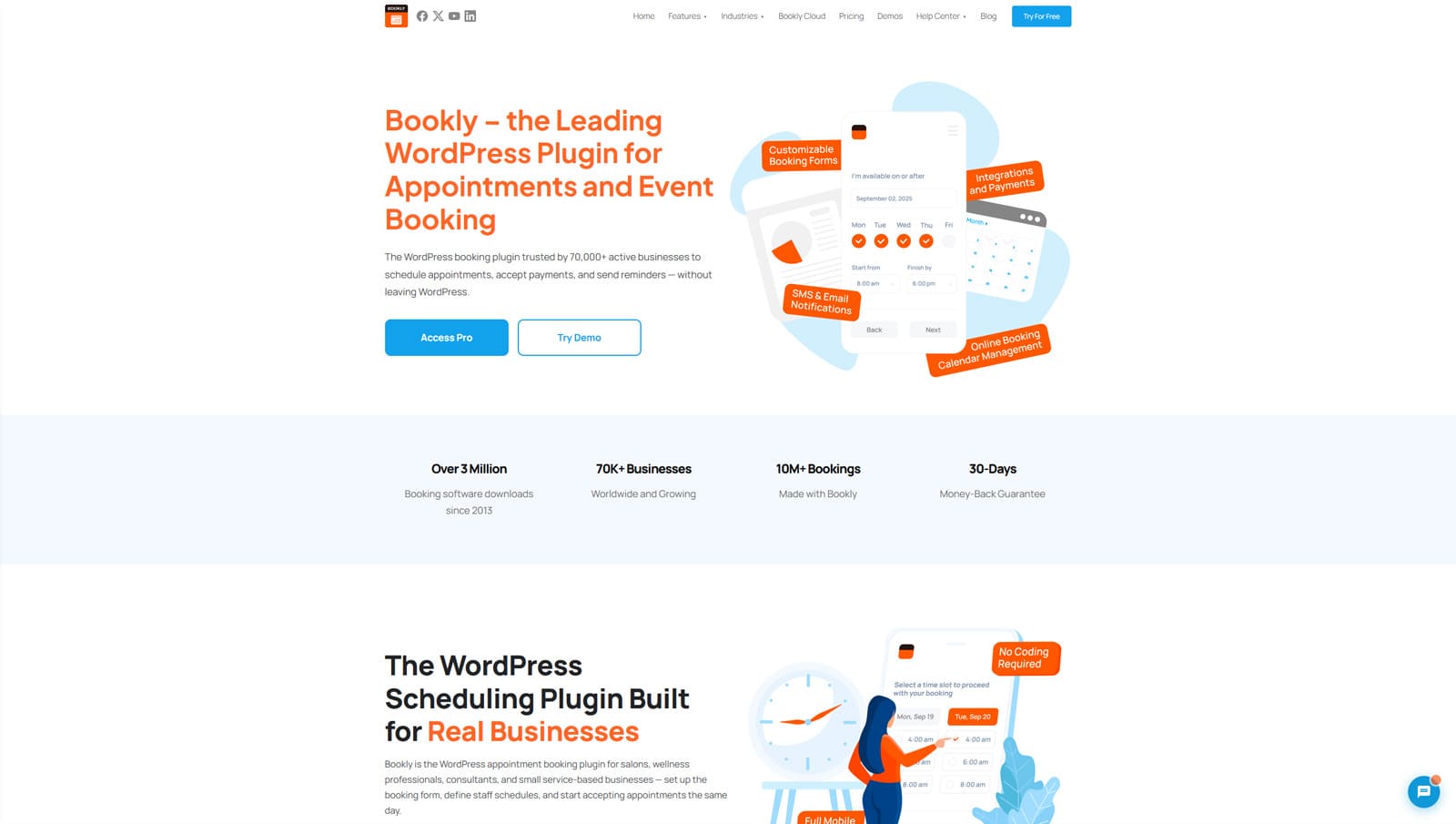 Photograph of Bookly, a WordPress coaching plugin with daily, weekly, and monthly calendar modes.
