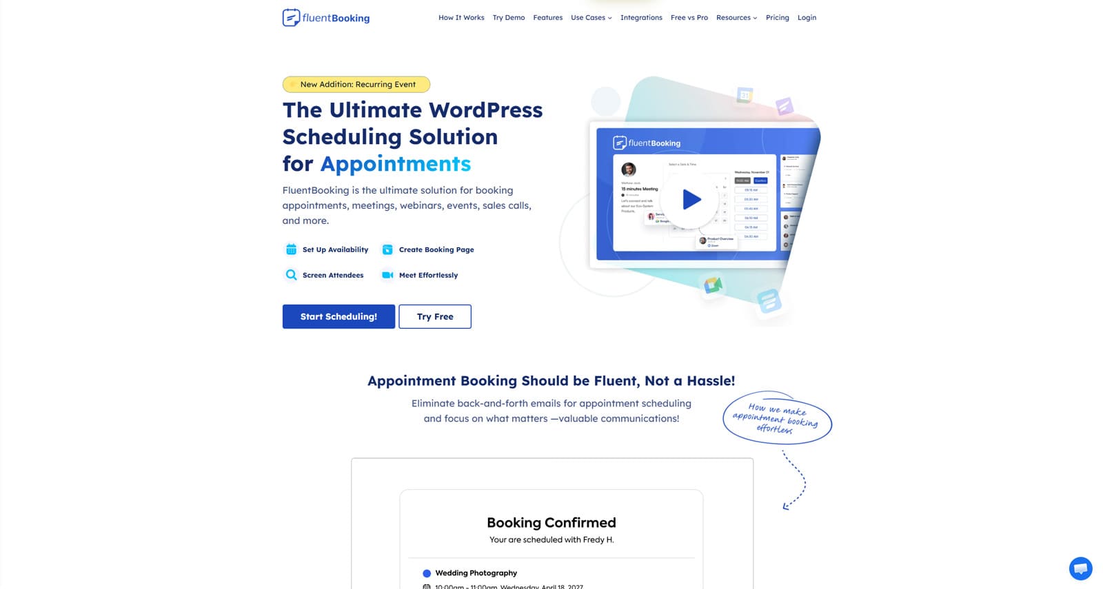 Representation of FluentBooking, a feature-rich plugin for coaching websites with advanced settings for booking confirmations.
