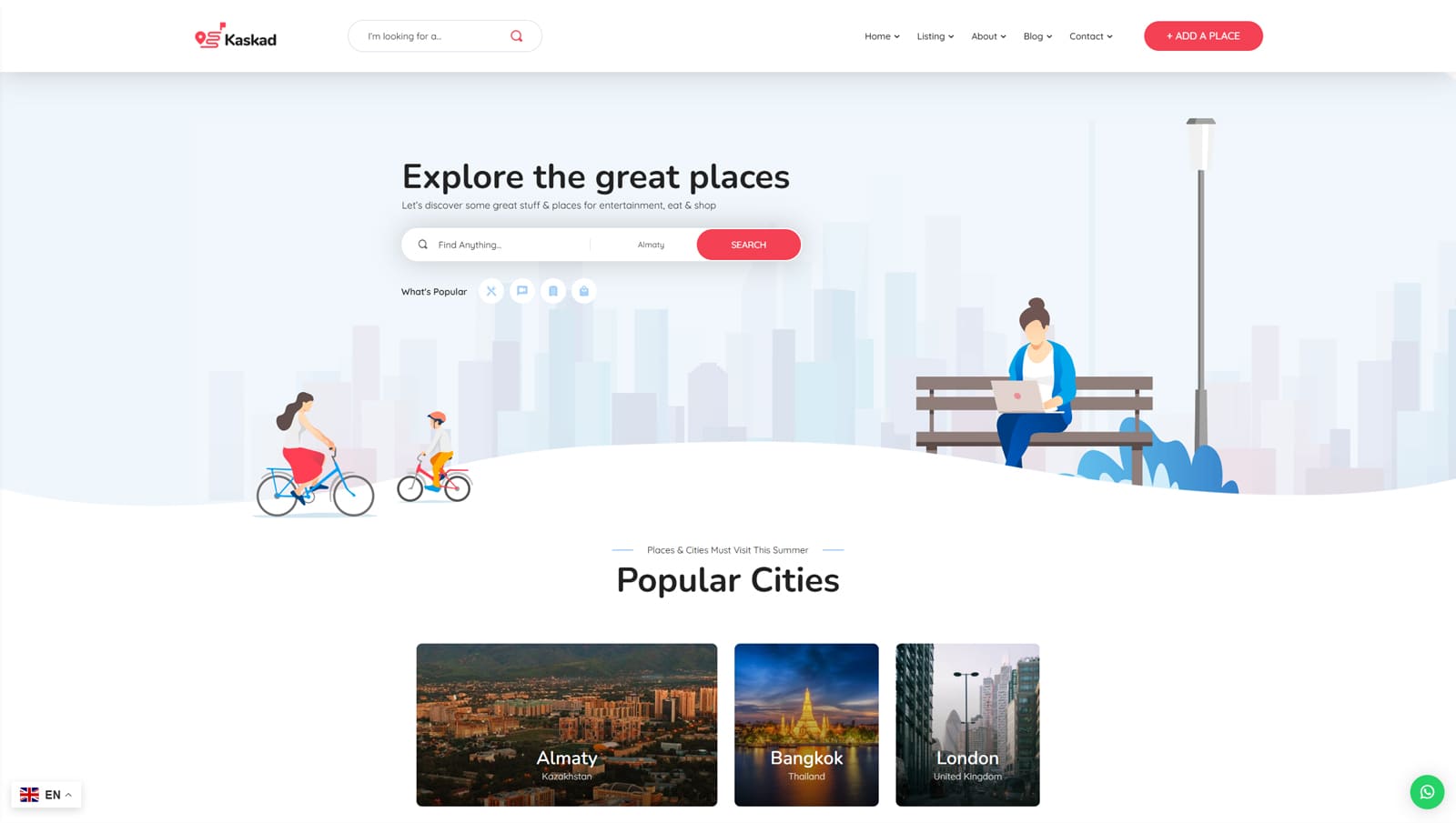 Graphic of Kaskad, one of the best city guide WordPress themes with multicurrency support.