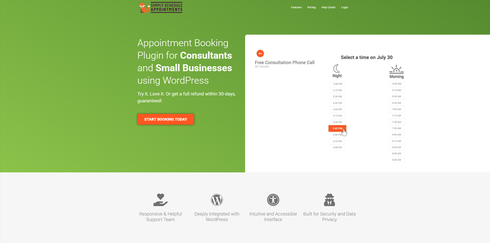 Graphic of Simply Schedule Appointments, the best WordPress time slot booking plugin with popular page builder support.