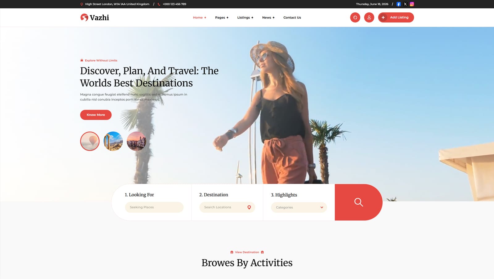 Visual of Vazhi, a directory theme for local guides with a sitewide search system.