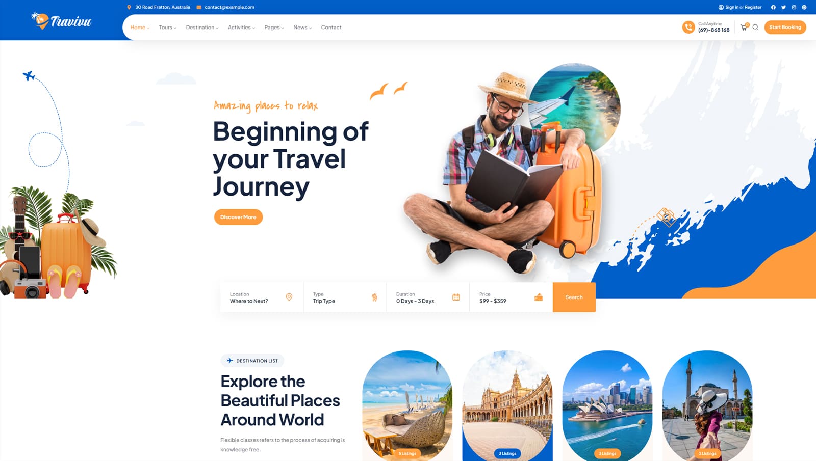 Image of Travivu, a top-notch tour company WordPress theme with multiple page variations for tours, blog, and activities.