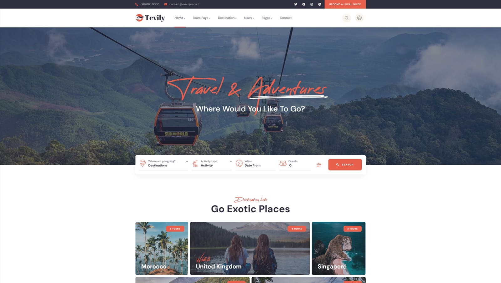 Figure of Tevily, a customizable WordPress theme for modern travel websites with 4 well-designed home pages.