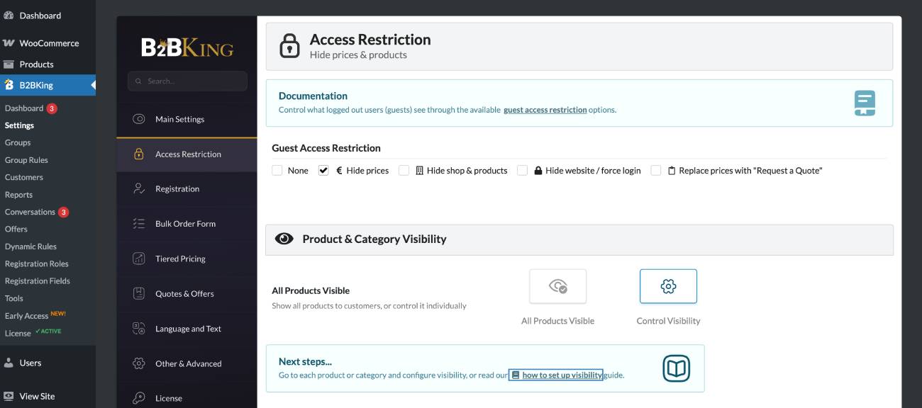 B2Bking access restriction settings.