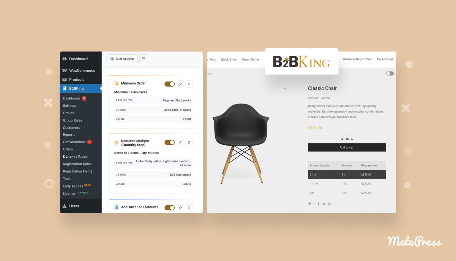 Screenshots from the B2BKing plugin demo.