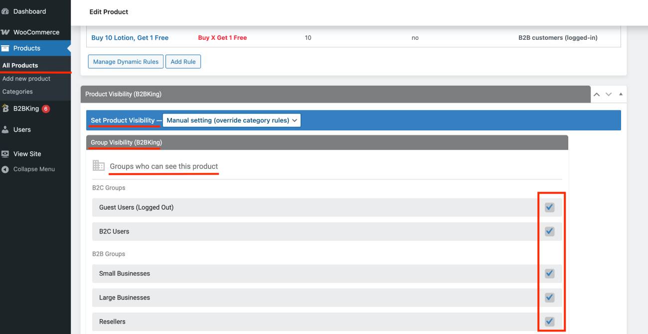 B2bking product visibility per group.