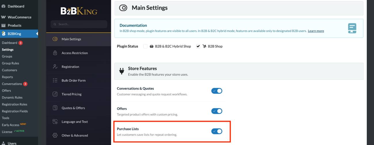 B2Bking purchase lists.