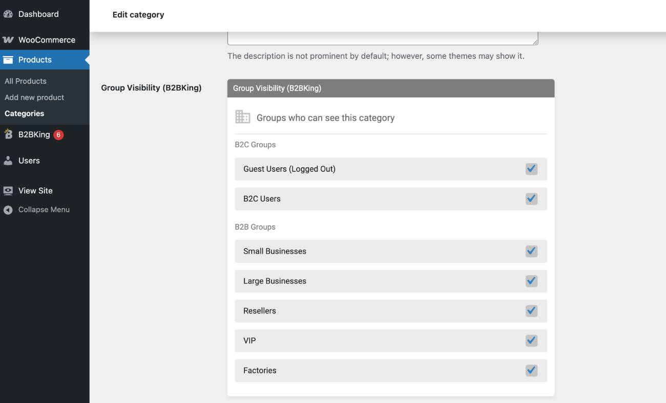 B2Bking woo category visibility to customers.