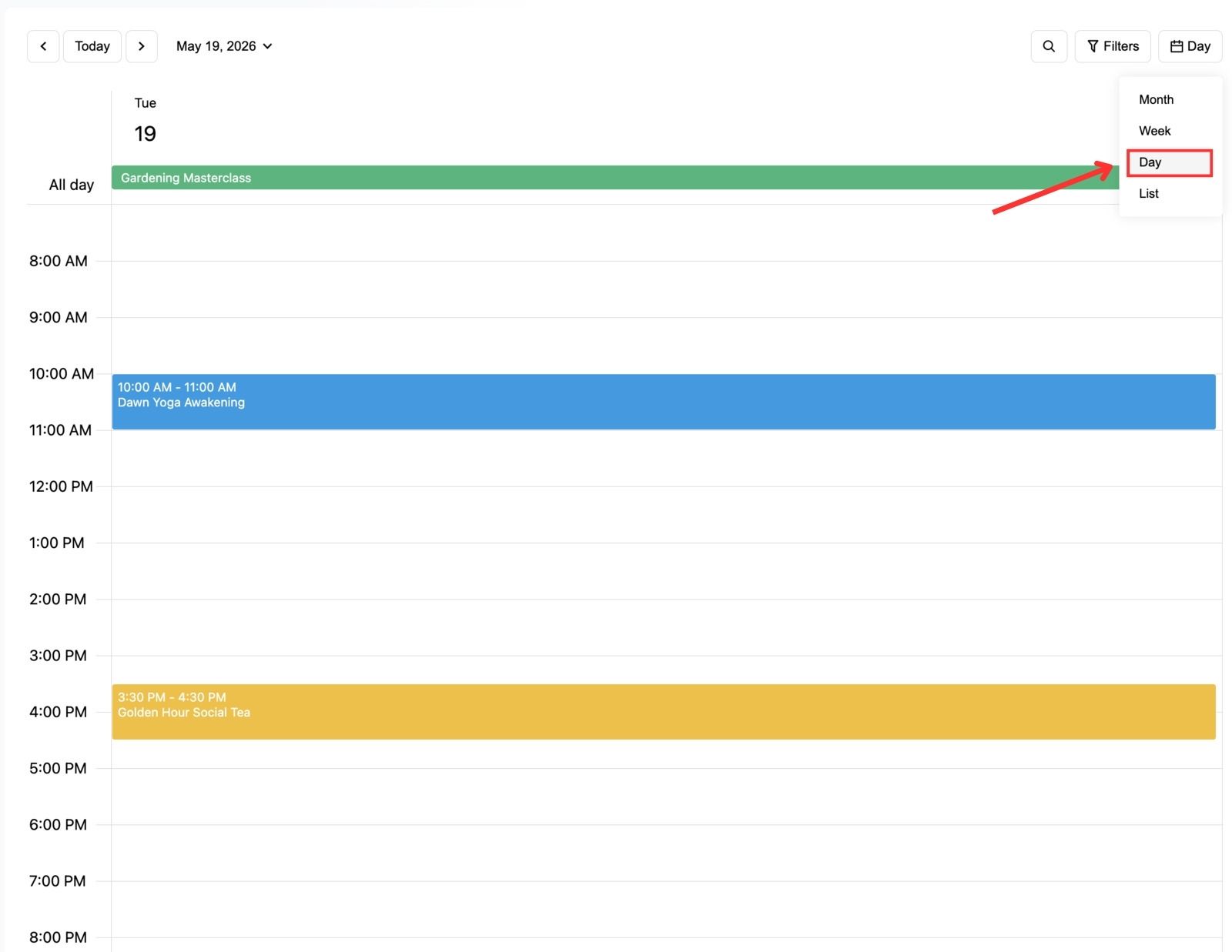 Screenshot of the WordPress events calendar widget day view.