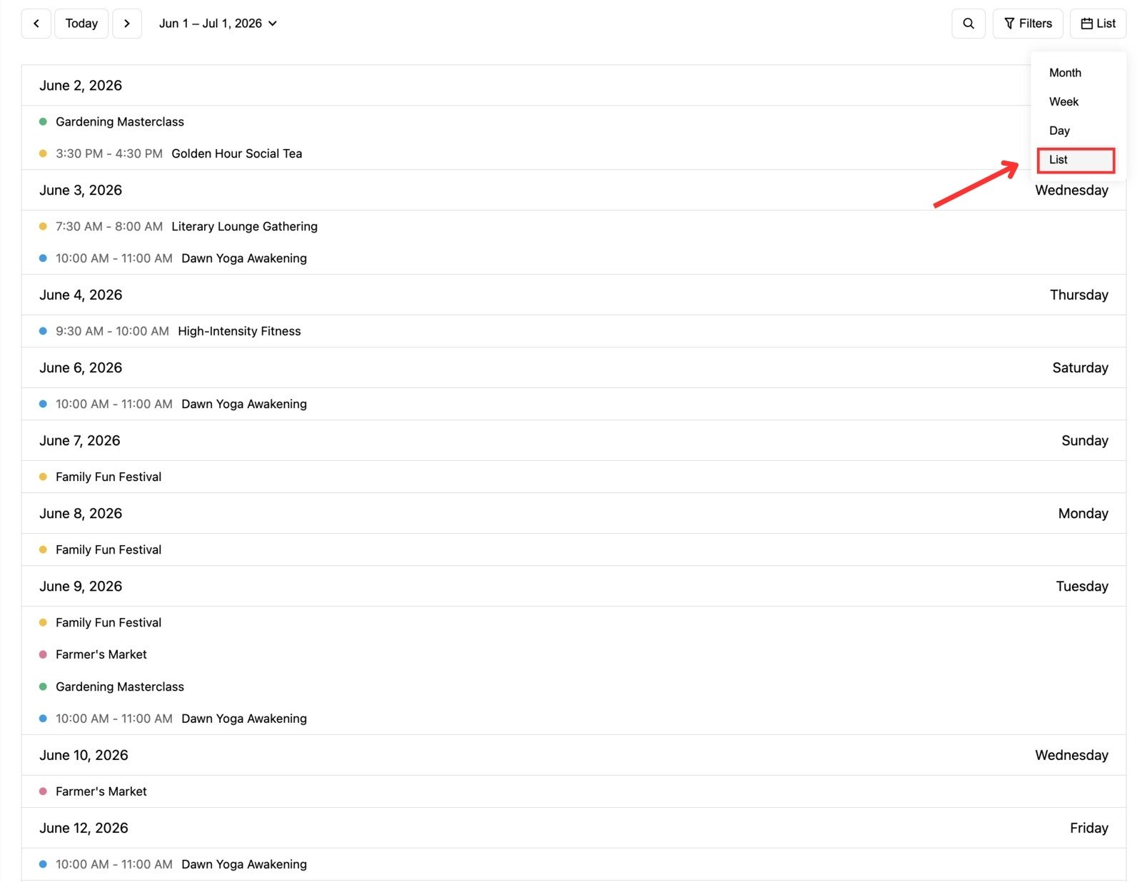 Screenshot of the WordPress events calendar widget list view.