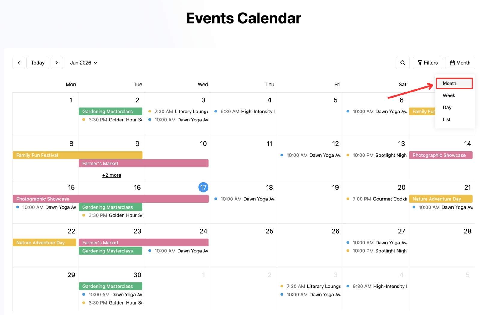 Screenshot of the WordPress events calendar widget month view.