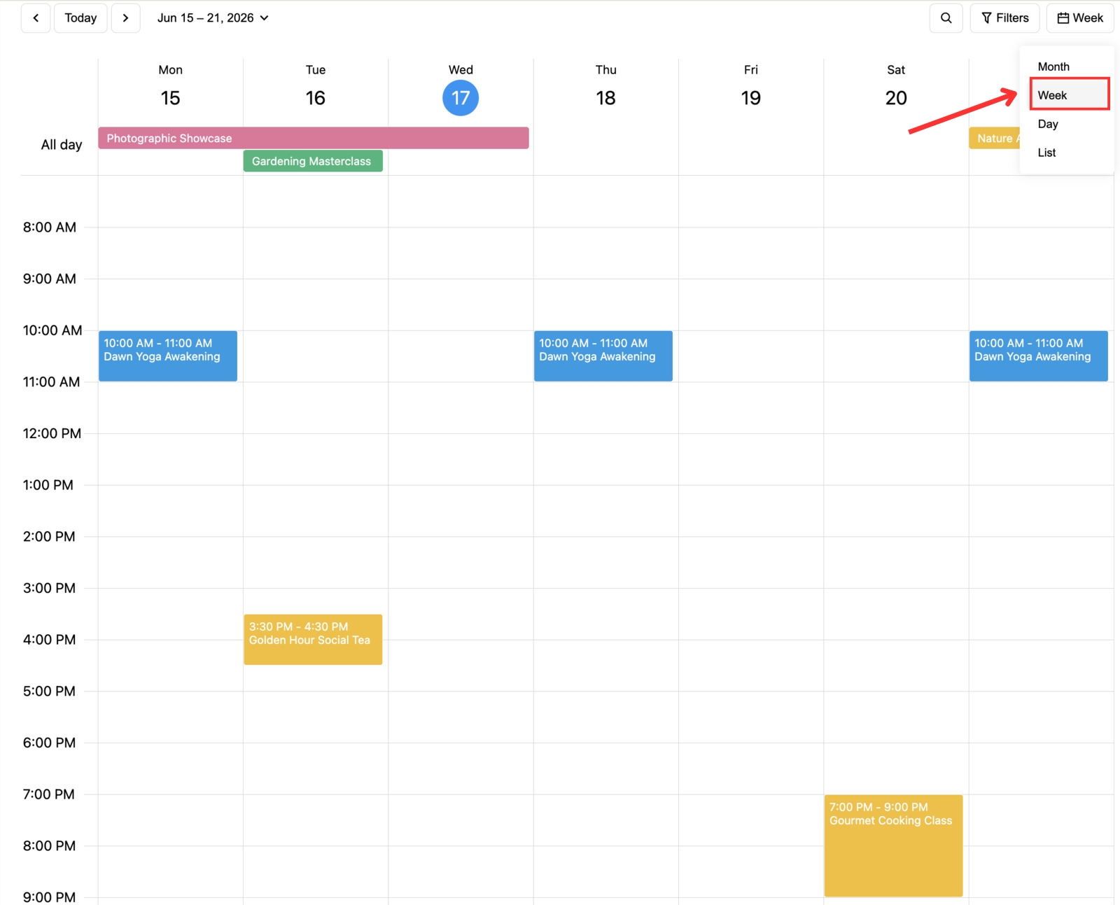 Screenshot of the WordPress events calendar widget week view.