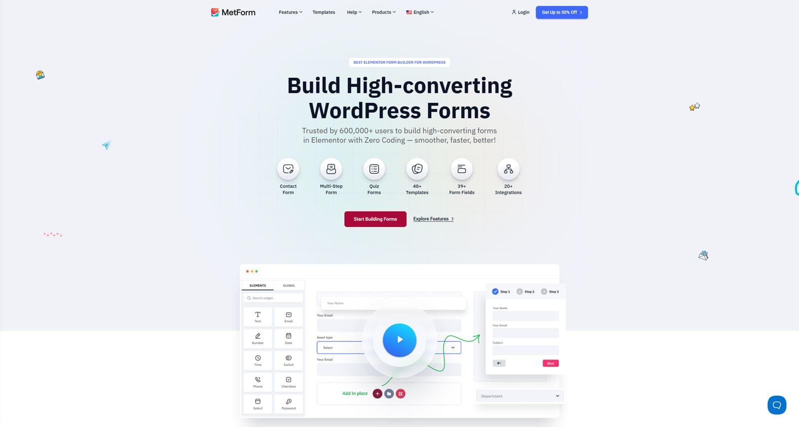 Graphic of MetForm, the best form plugin for Elementor with 40+ Elementor form input widgets.