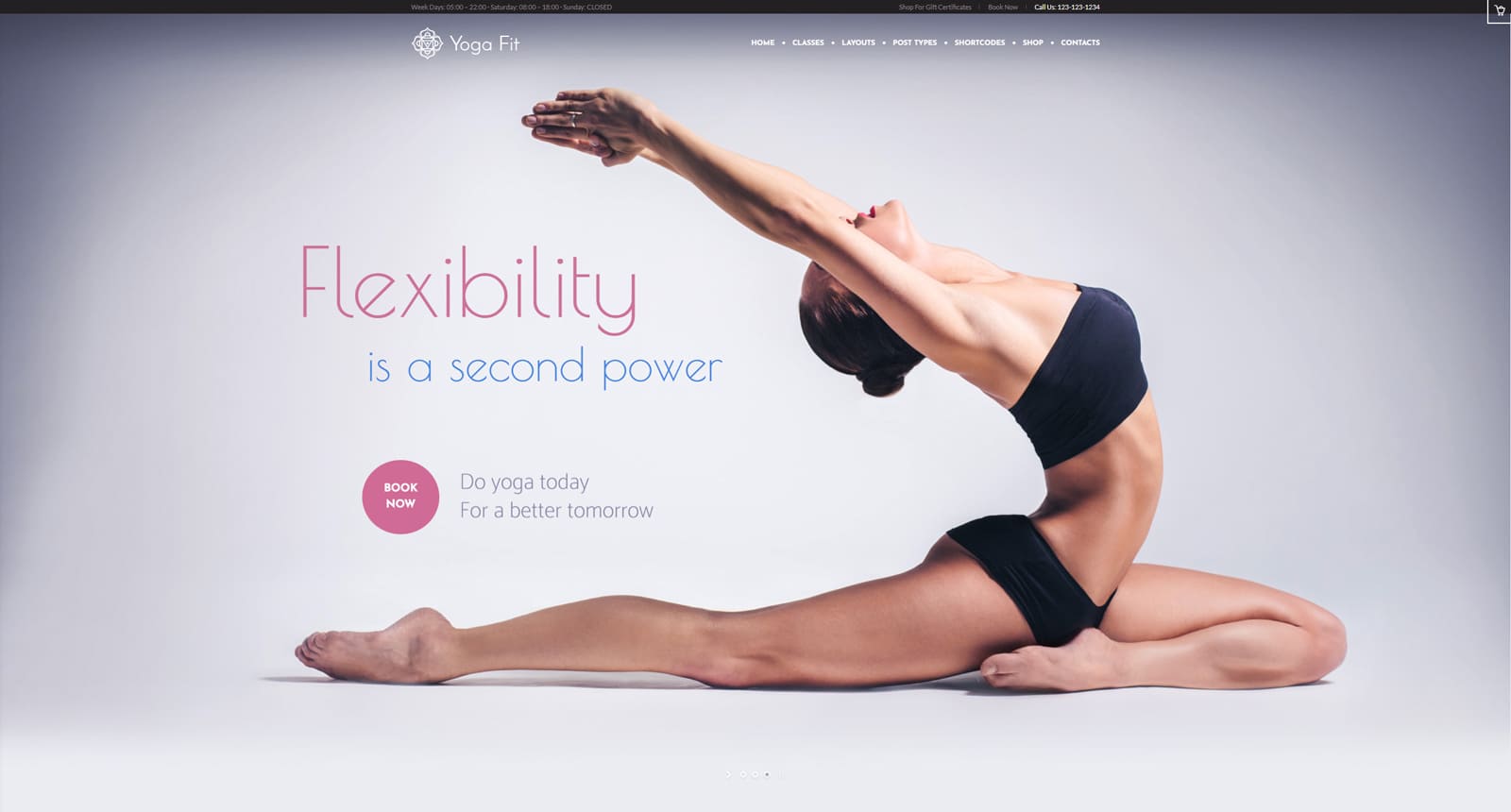 Graphic of Yoga Fit, one of the the best classes WordPress themes with an integrated timetable plugin.