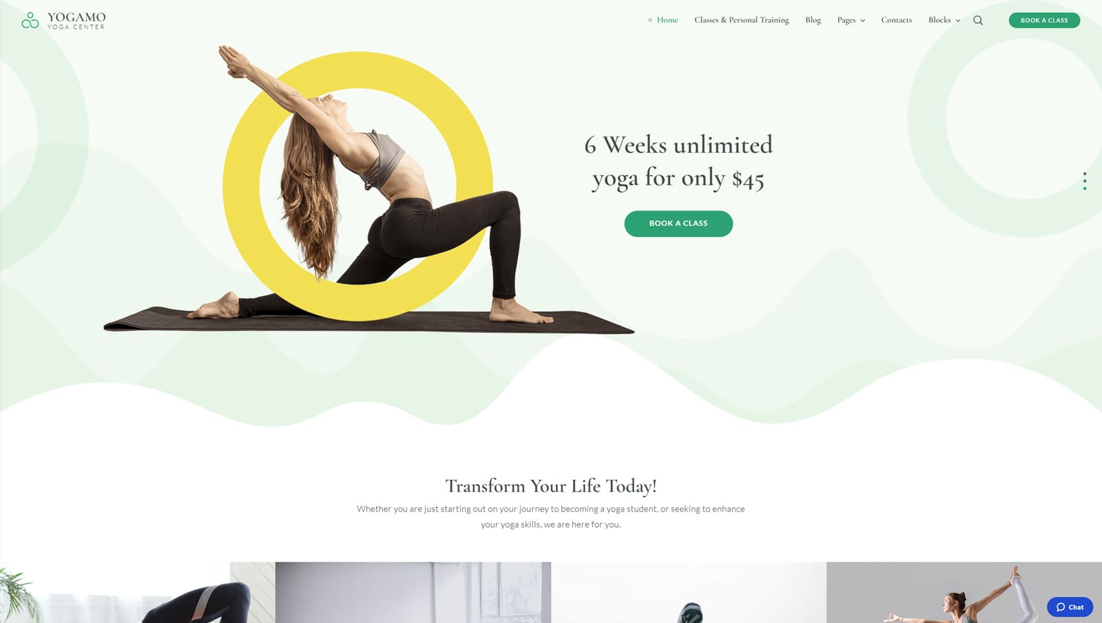 Visual of Yogamo, a cleanly designed yoga instructor WordPress theme with stunning pages for instructors and classes.