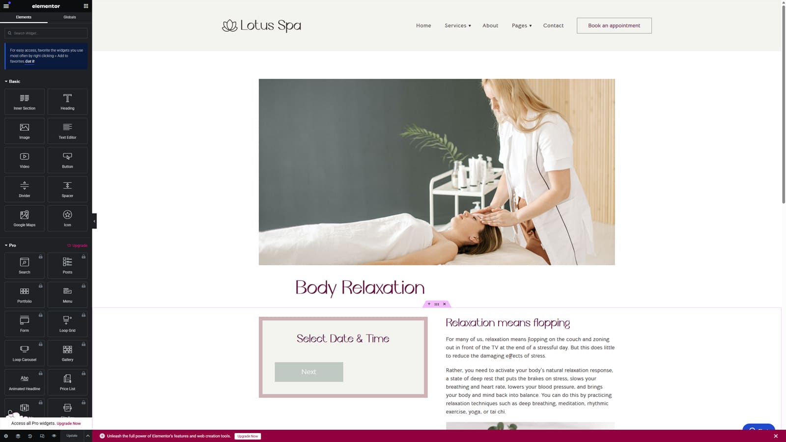 Image of editing page of Appointment Booking services with Elementor.