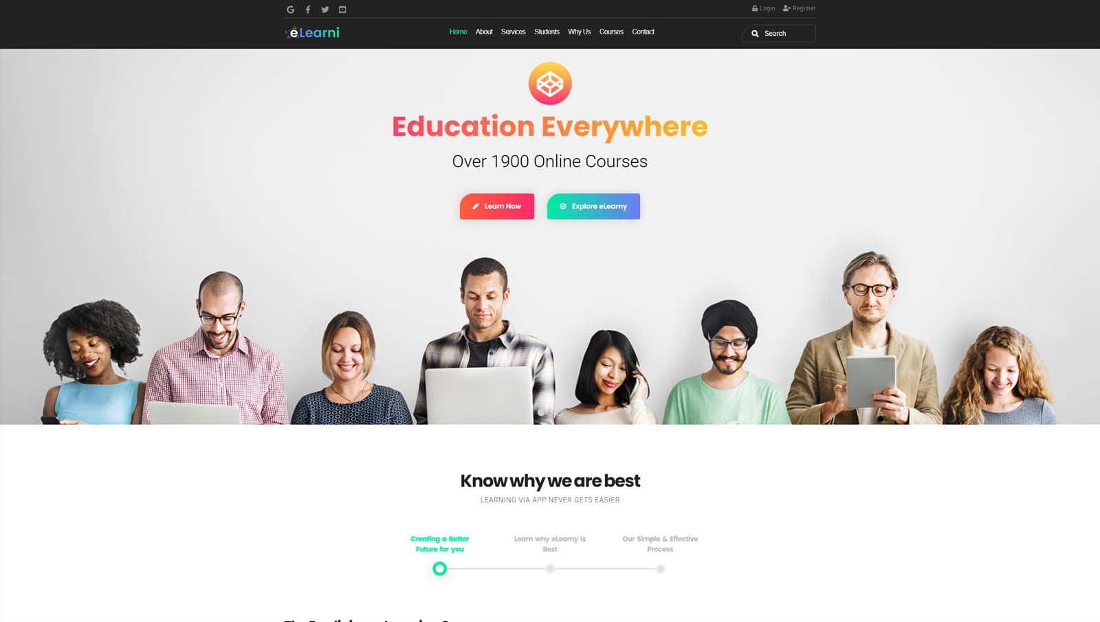 Image of eLearni, a responsive WordPress theme for classes with 2+ pre-built homepages.