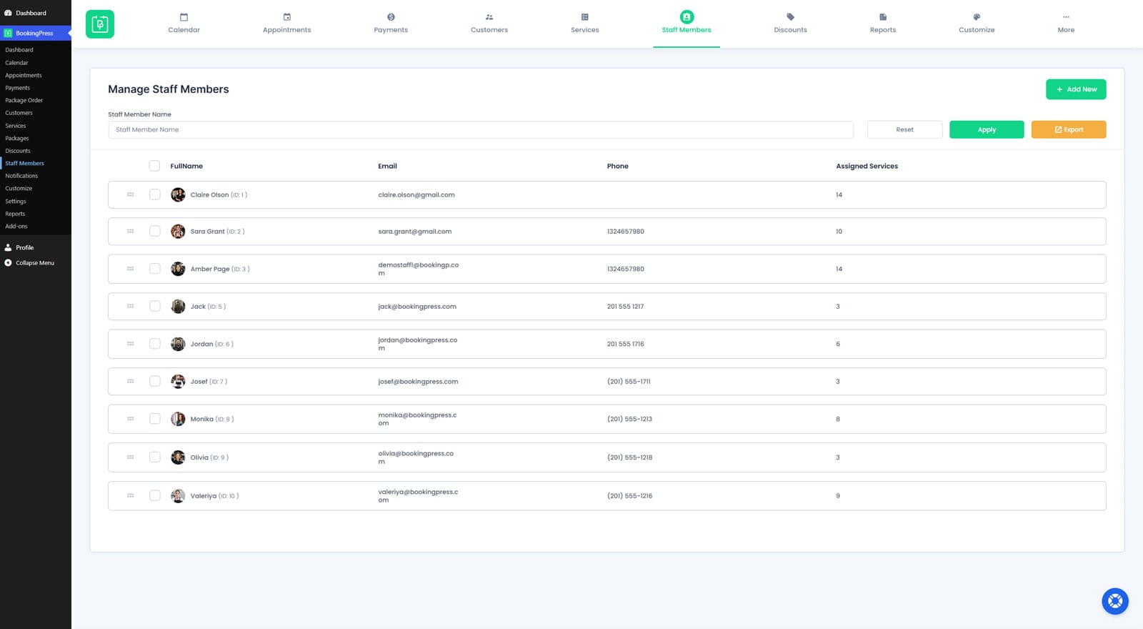 Figure of staff members page included with the BookingPress dashboard.