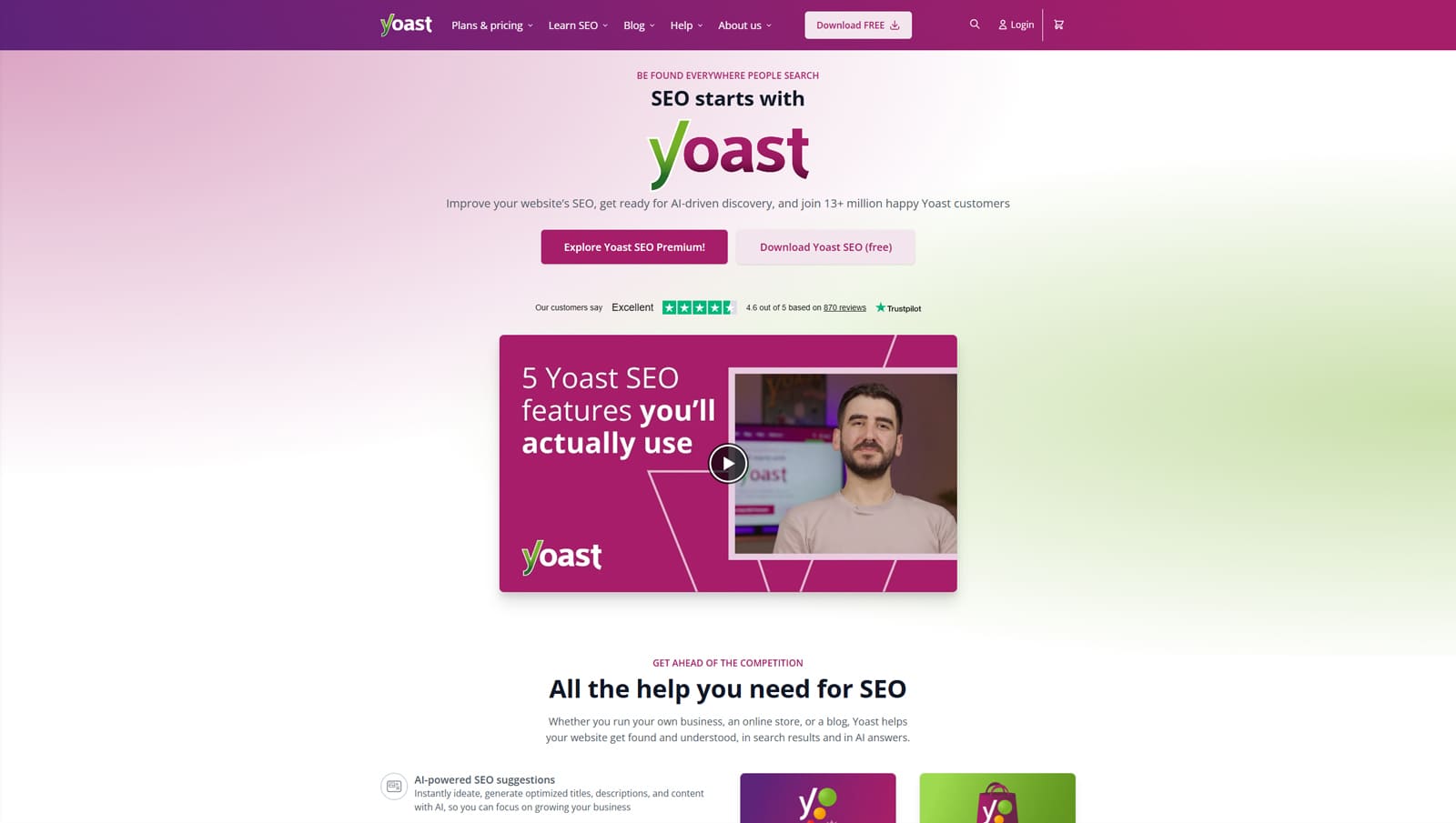 Picture of Yoast SEO, one of the best AI SEO plugins for WordPress with AI-powered SEO suggestions.