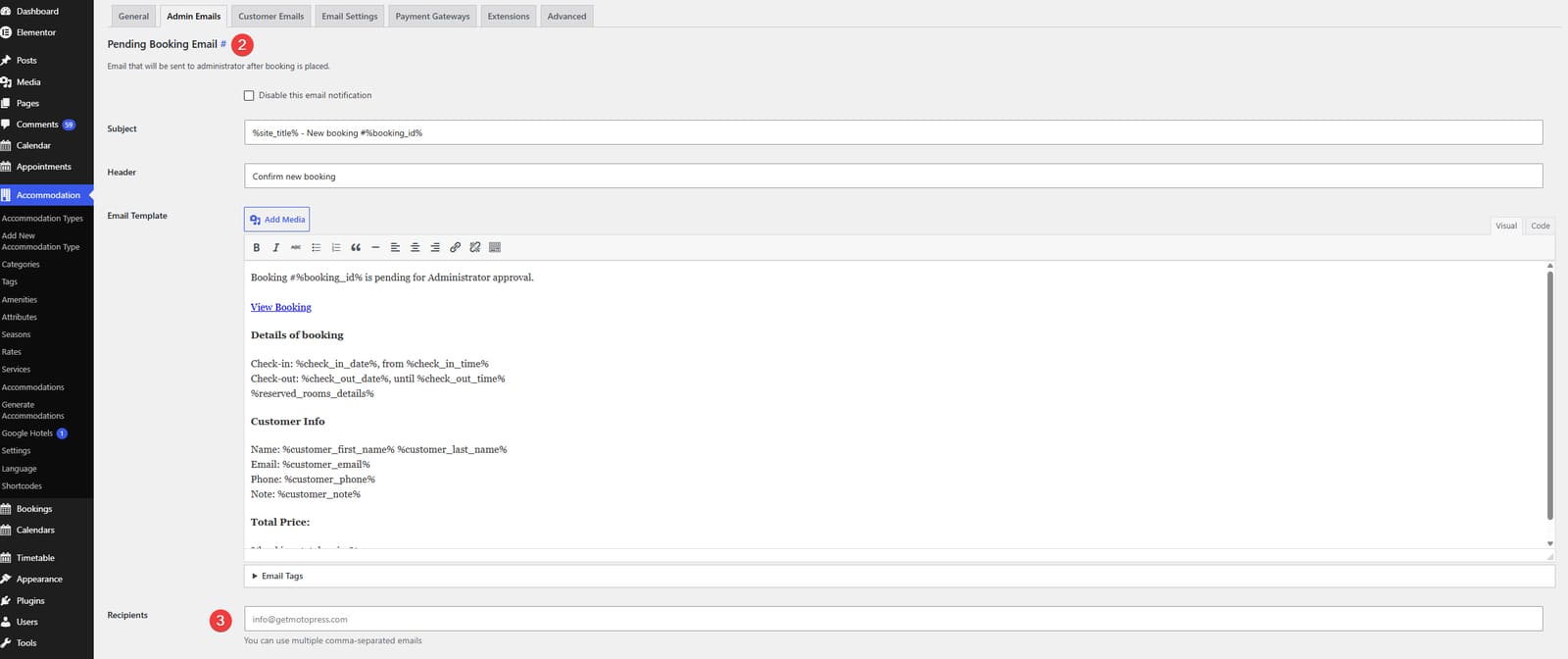 Graphic of configuring admin email notifications.