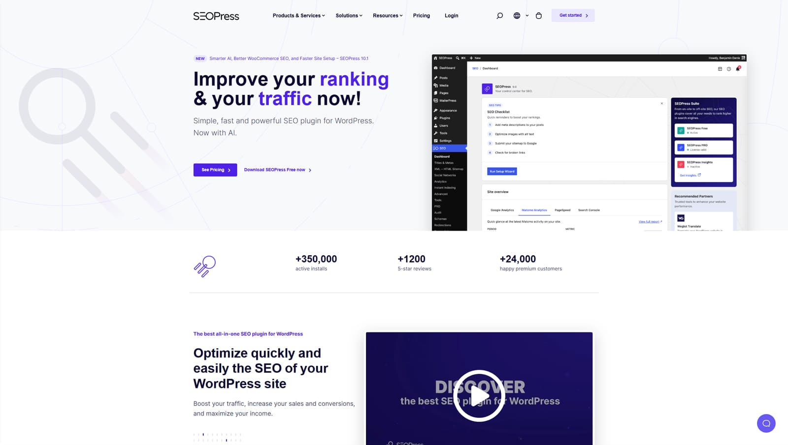 Representation of SEOPress, a flexible SEO plugin for WordPress with an AI assistant to help with content right in the block editor.