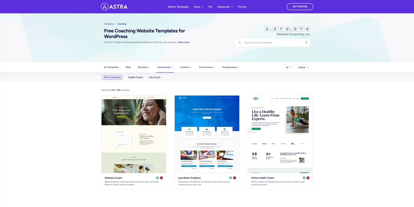 Graphic of a variety of starter templates available with the Astra WordPress theme.
