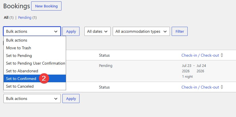 Representation of confirming bookings received through a booking request form in a few clicks.