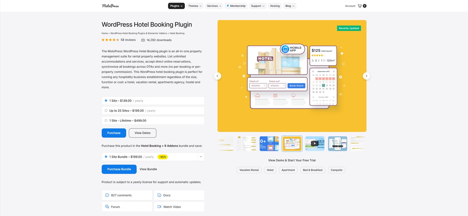 Representation of the Hotel Booking WordPress plugin page.