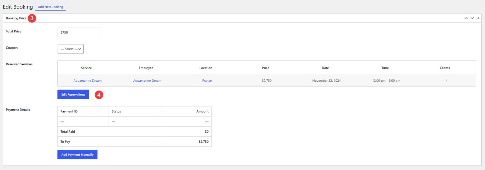 Image of editing appointments via the Appointment Booking plugin dashboard.