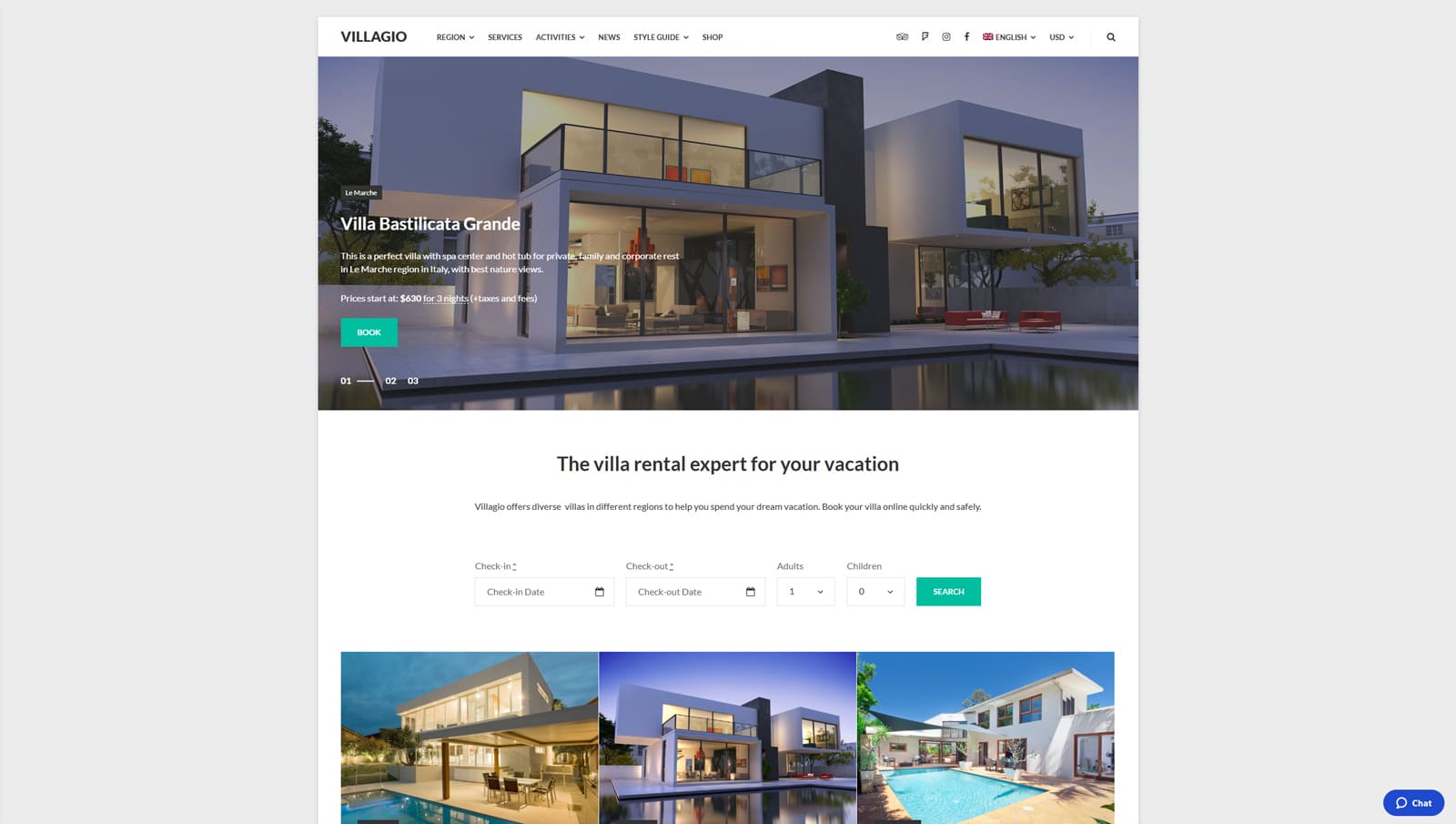 Image of the Villagio theme that can be used for establishing a WordPress hotel website.