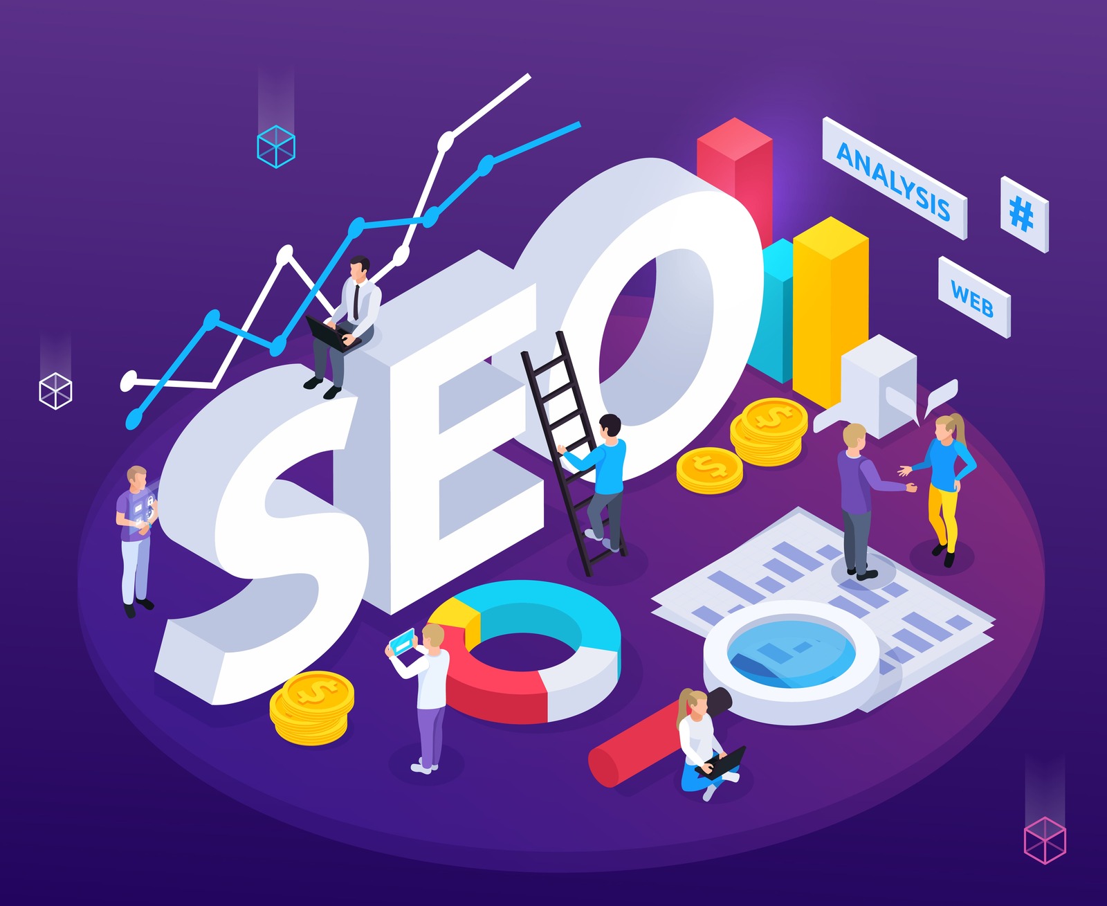 Representation of search engine optimization as a part of modern WordPress coaching website themes.