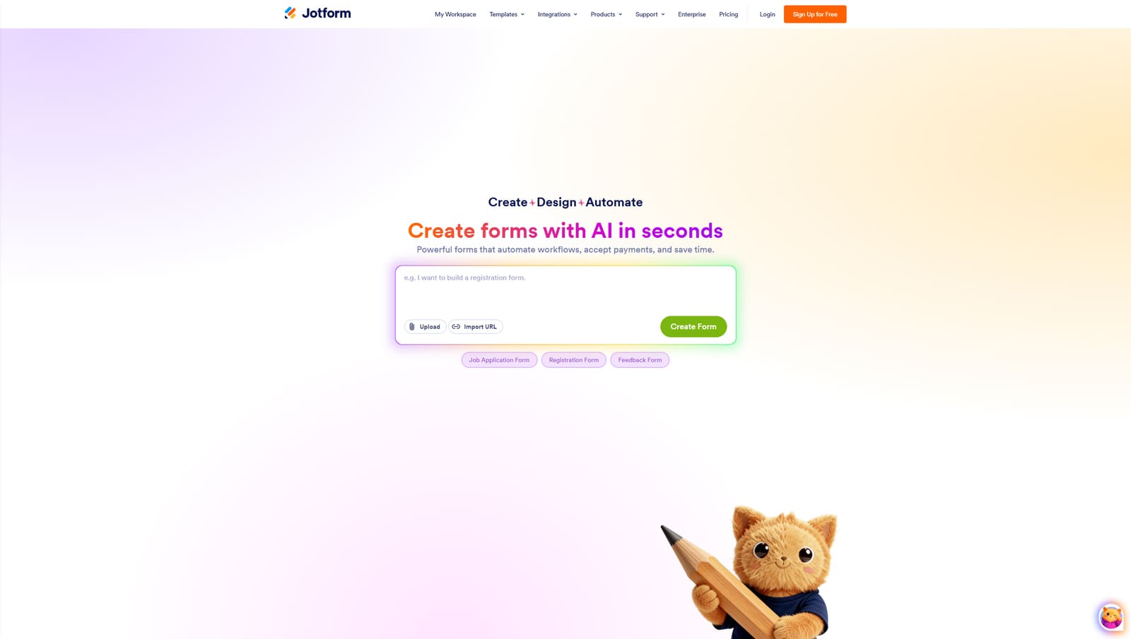 Snapshot of the main page of Jotform.