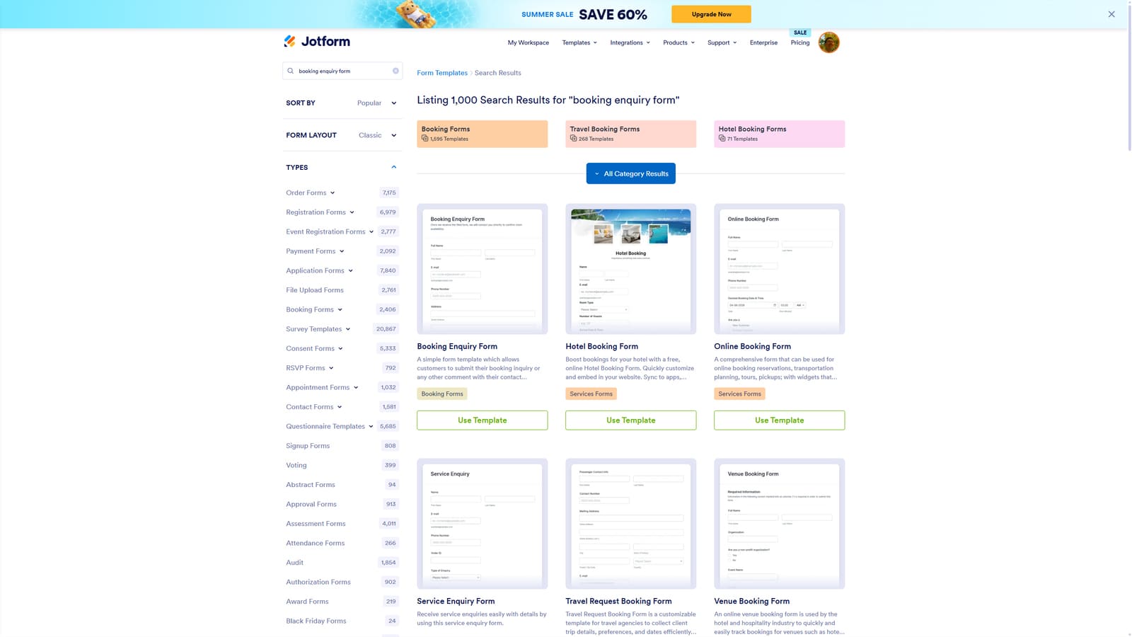 View of available booking request form templates via the Jotform website.
